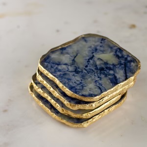 Agate Marble Glass Coaster with Gold Rim - Blue Tone (set of 4)